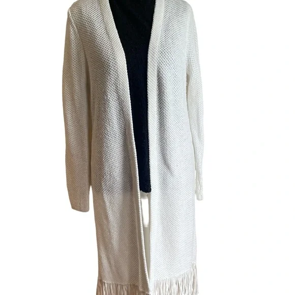 Chico’s Long Sleeved Full Length Fringed Cardigan In White Size Small - Picture 2 of 5